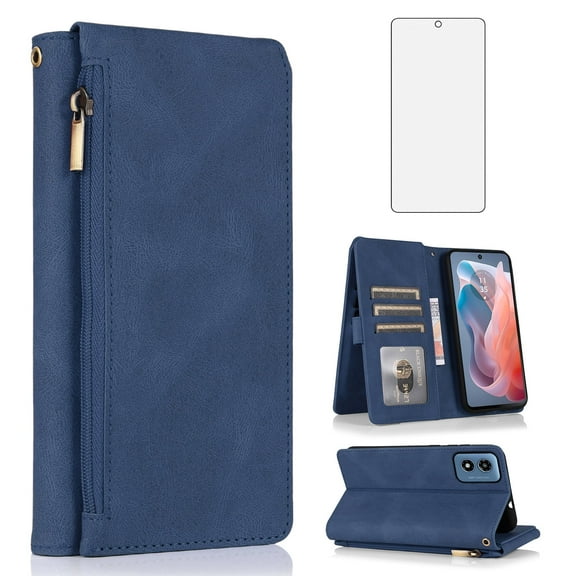 Asuwish Phone Case for Motorola Moto G Play 4G 2024 Wallet Mobile Accessories Cell Cover with Tempered Glass Screen Protector Flip Zipper Stand Card Holder Slot XT2413V XT2413-1 64GB Women Men Blue