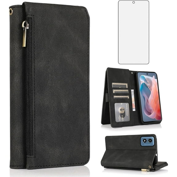 Asuwish Phone Case for Motorola Moto G Play 4G 2024 Wallet Mobile Accessories Cell Cover with Tempered Glass Screen Protector Flip Zipper Stand Card Holder Slot XT2413V XT2413-1 64GB Women Men Black