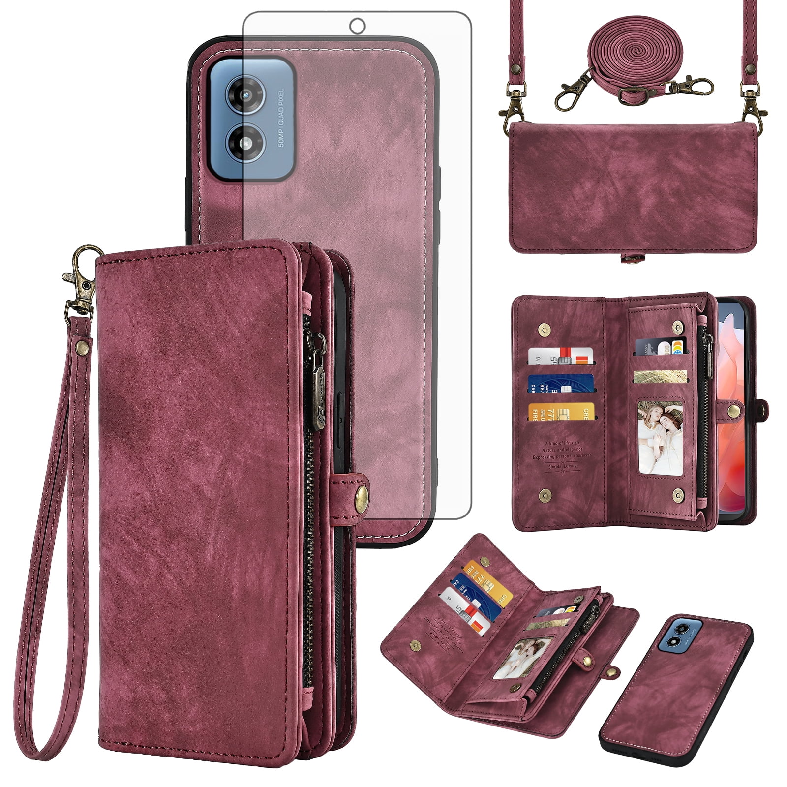 Asuwish Phone Case for Motorola Moto G Play 4G 2024 Zipper Wallet Detachable Cell Cover with Tempered Glass Screen Protector Crossbody Lanyard Strap Flip Card Holder XT2413V XT2413-1 64GB Women Red