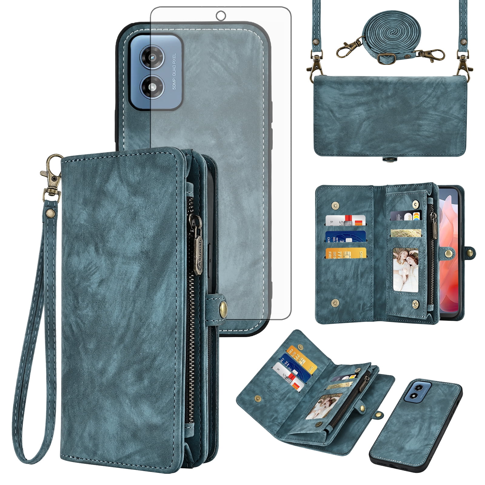 Asuwish Phone Case for Motorola Moto G Play 4G 2024 Zipper Wallet Detachable Cell Cover with Tempered Glass Screen Protector Crossbody Lanyard Strap Flip Card Holder XT2413V XT2413-1 64GB Women Blue