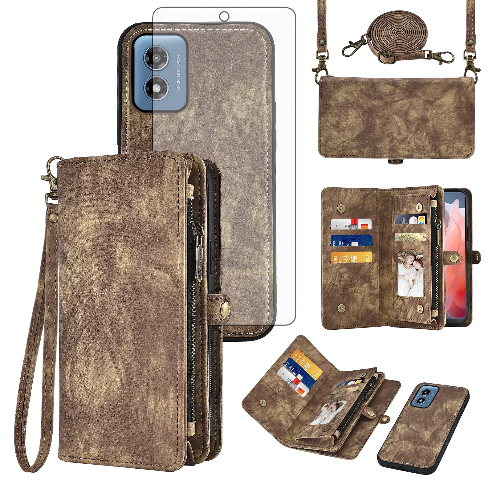 Asuwish Phone Case for Motorola Moto G Play 4G 2024 Zipper Wallet Detachable Cell Cover with Tempered Glass Screen Protector Crossbody Lanyard Strap Flip Card Holder XT2413V XT2413-1 64GB Women Brown
