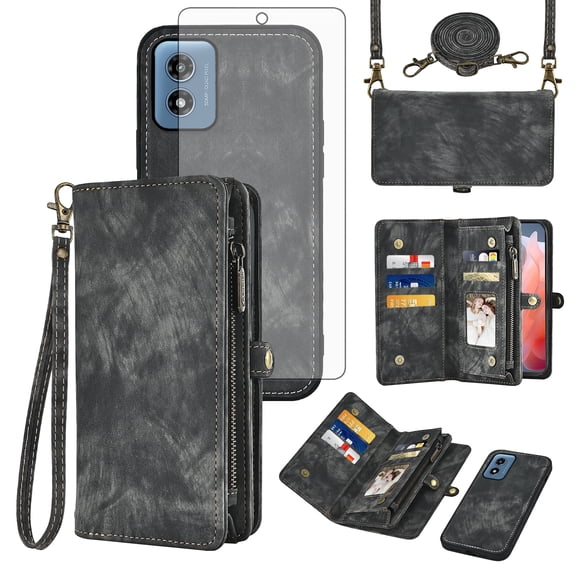 Asuwish Phone Case for Motorola Moto G Play 4G 2024 Zipper Wallet Detachable Cell Cover with Tempered Glass Screen Protector Crossbody Lanyard Strap Flip Card Holder XT2413V XT2413-1 64GB Women Black