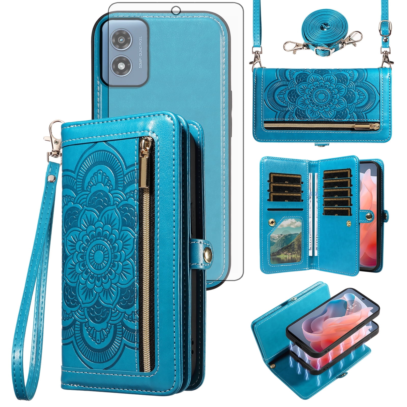 Asuwish Phone Case for Motorola Moto G Play 4G 2024 Zipper Wallet Detachable Cell Cover with Tempered Glass Screen Protector Crossbody Strap Flower Flip Card Holder XT2413V XT2413-1 64GB Women Blue