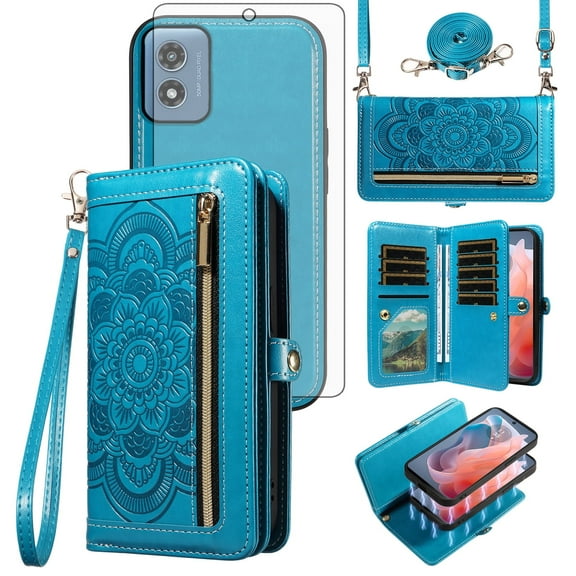 Asuwish Phone Case for Motorola Moto G Play 4G 2024 Zipper Wallet Detachable Cell Cover with Tempered Glass Screen Protector Crossbody Strap Flower Flip Card Holder XT2413V XT2413-1 64GB Women Blue