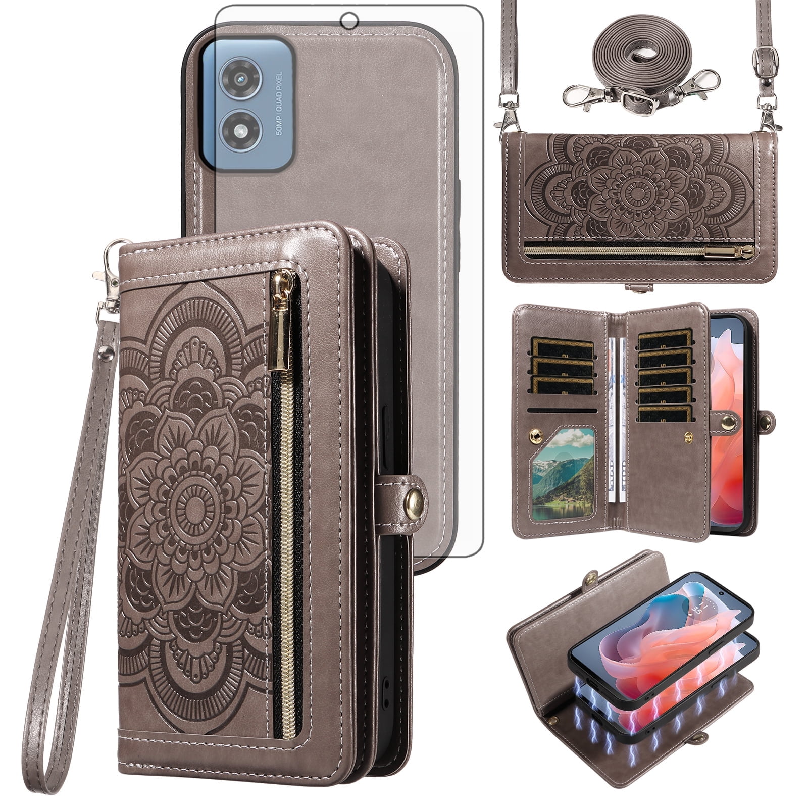 Asuwish Phone Case for Motorola Moto G Play 4G 2024 Zipper Wallet Detachable Cell Cover with Tempered Glass Screen Protector Crossbody Strap Flower Flip Card Holder XT2413V XT2413-1 64GB Women Gray