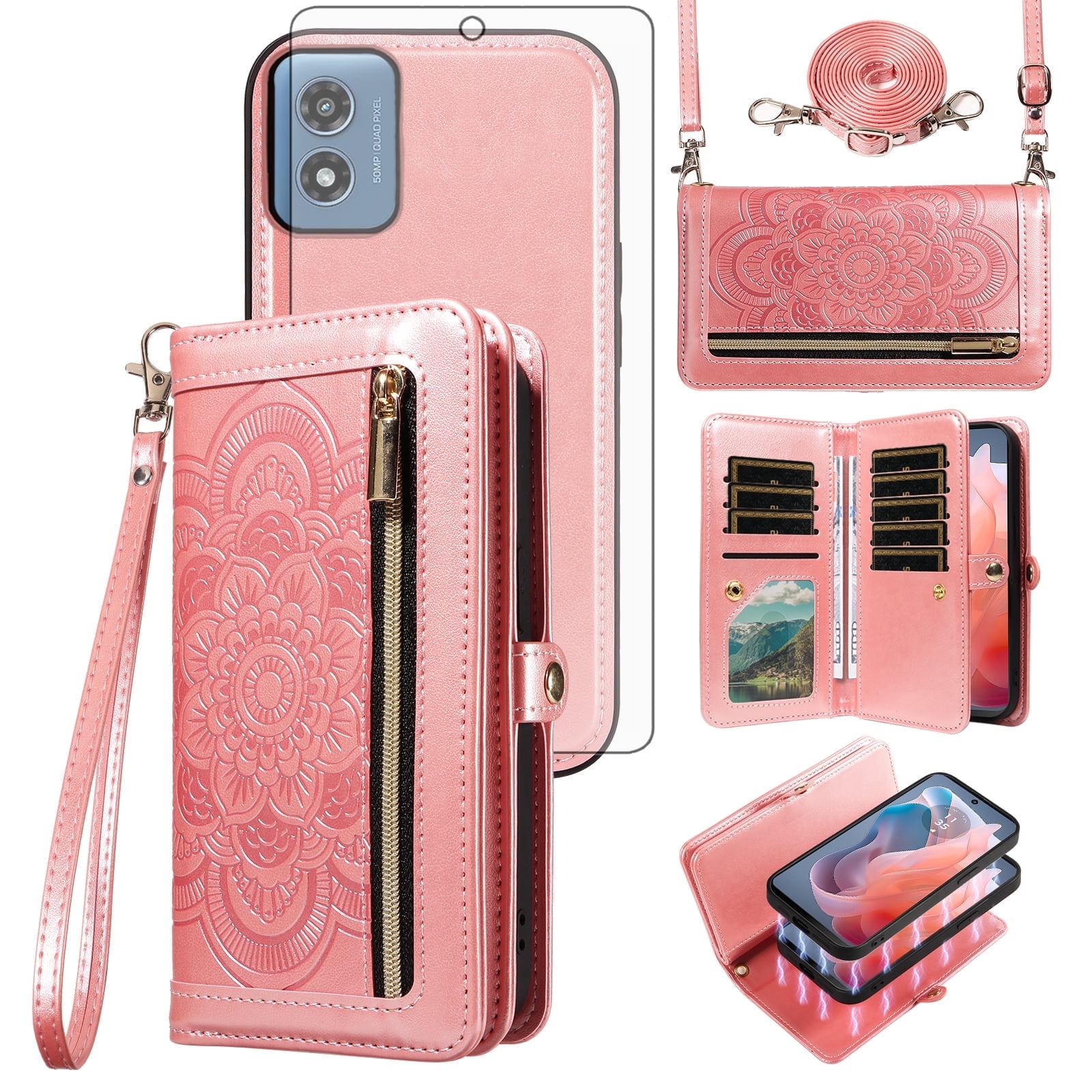 Asuwish Detachable Magnetic Zipper Wallet Phone Case with Flower Pattern and Screen Protector for Motorola Moto G Play 2024, Rose Gold