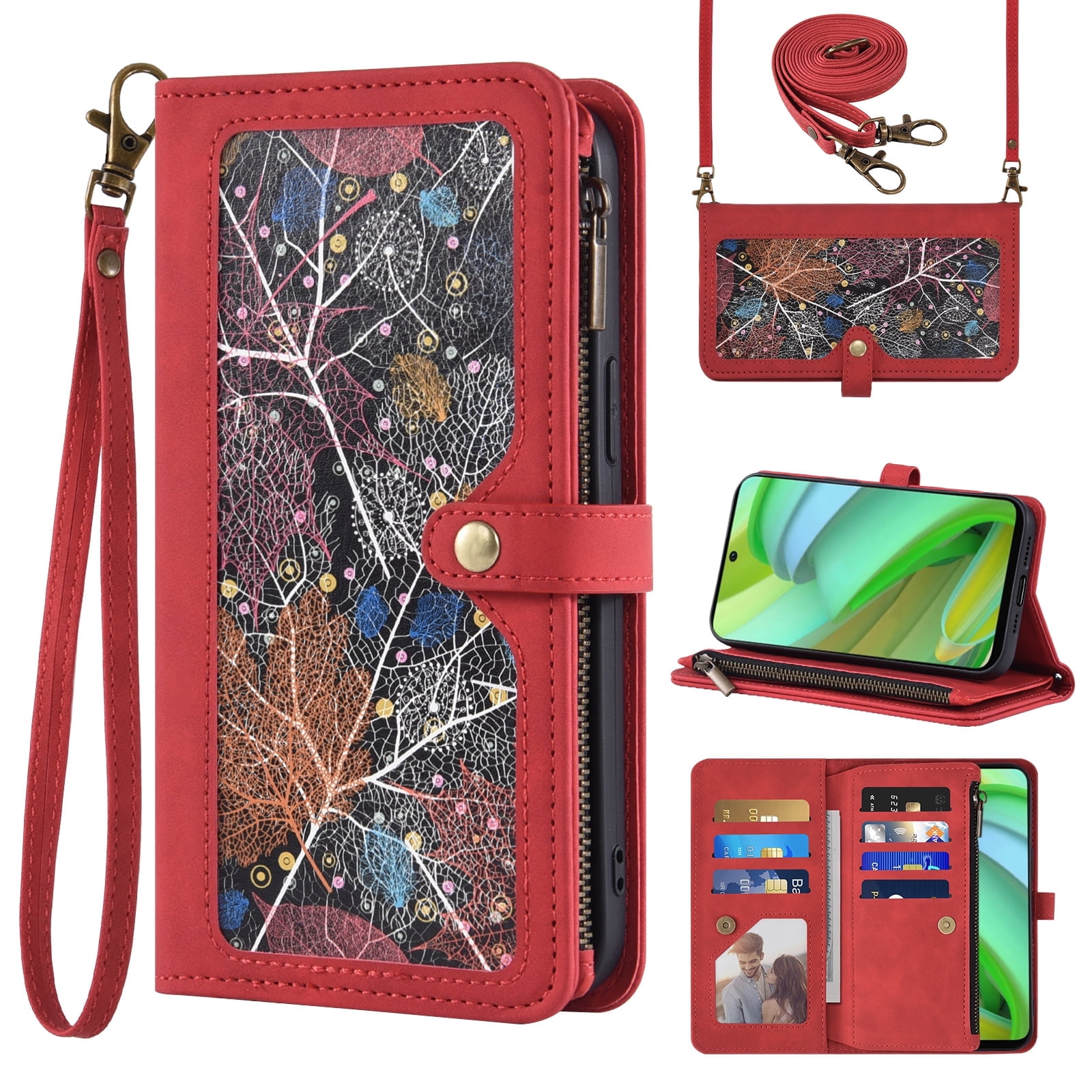 Asuwish Phone Case for Motorola Moto G Power 5G 2023 Wallet Cover With Tempered Glass Screen Protector Crossbody Wrist Strap Flip Pattern Zipper Credit Card Holder Stand Cell GPower G5 Women Men Red