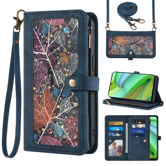 Asuwish Phone Case for Motorola Moto G Power 5G 2023 Wallet Cover With Tempered Glass Screen Protector Crossbody Wrist Strap Flip Pattern Zipper Credit Card Holder Stand Cell GPower G5 Women Men Blue