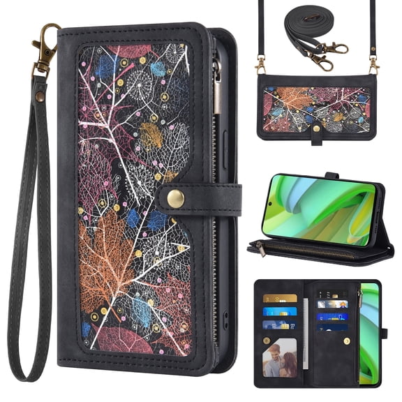 Asuwish Phone Case for Motorola Moto G Power 5G 2023 Wallet Cover With Tempered Glass Screen Protector Crossbody Wrist Strap Flip Pattern Zipper Credit Card Holder Stand Cell GPower G5 Women Black