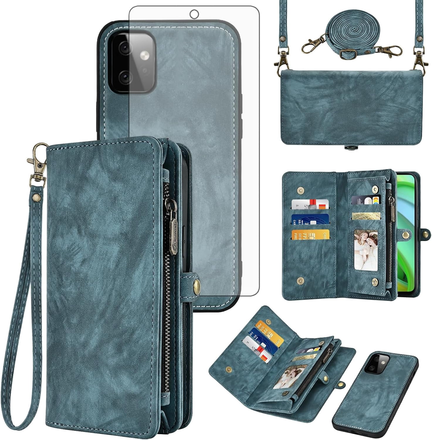Asuwish Phone Case for Motorola Moto G Power 5G 2023 Zipper Wallet Detachable Cell Cover with Tempered Glass Screen Protector Crossbody Lanyard Strap Flip Card Holder Slot GPower G5 Women Girls Blue