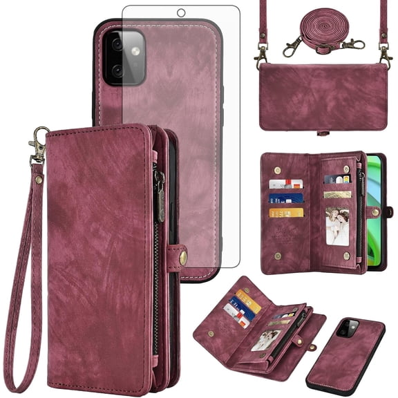 Asuwish Phone Case for Motorola Moto G Power 5G 2023 Zipper Wallet Detachable Cell Cover with Tempered Glass Screen Protector Crossbody Lanyard Strap Flip Card Holder Slot GPower G5 Women Girls Red