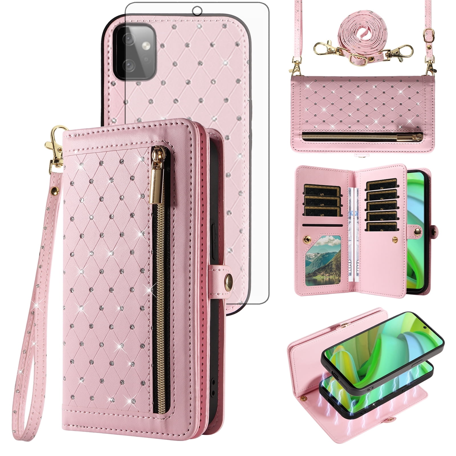 Asuwish Phone Case for Motorola Moto G Power 5G 2023 Zipper Wallet Detachable Cell Cover with Tempered Glass Screen Protector Crossbody Lanyard Strap Glitter Flip Card Holder Slot GPower Women Pink