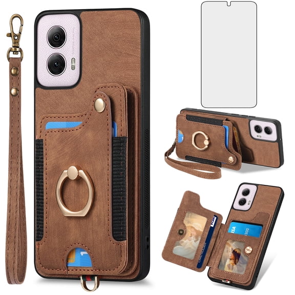 Asuwish Phone Case for Motorola Moto G Power 5G 2024 Wallet Cell Cover with Tempered Glass Screen Protector Slim Lanyard Wrist Strap RFID Ring Stand Credit Card Holder Slot G5 Women Men Brown