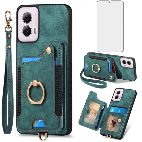Asuwish Phone Case for Motorola Moto G Power 5G 2024 Wallet Cell Cover with Tempered Glass Screen Protector Slim Lanyard Wrist Strap RFID Ring Stand Credit Card Holder Slot G5 Women Men Green
