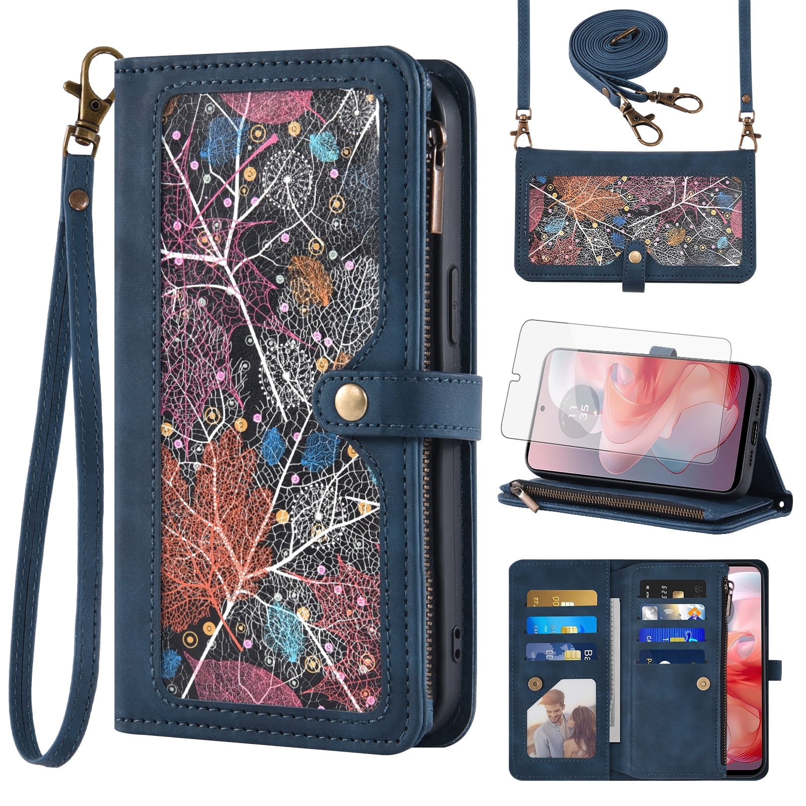 Asuwish Phone Case for Motorola Moto G Power 5G 2024 Wallet Cover With Tempered Glass Screen Protector Crossbody Wrist Strap Flip Pattern Zipper Credit Card Holder Stand Slot Cell G5 Women Men Blue