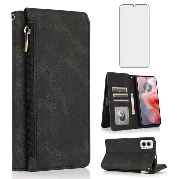 Asuwish Phone Case for Motorola Moto G Power 5G 2024 Wallet Mobile Accessories Credit Cash Purse Cell Cover with Tempered Glass Screen Protector Flip Zipper Stand Card Holder Slot G5 Women Men Black