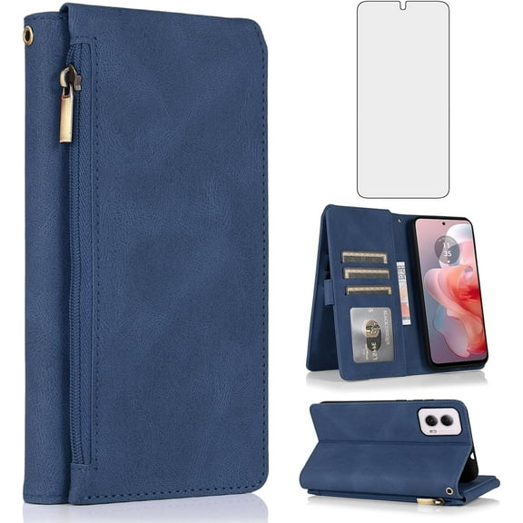 Asuwish Phone Case for Motorola Moto G Power 5G 2024 Wallet Mobile Accessories Credit Cash Purse Cell Cover with Tempered Glass Screen Protector Flip Zipper Stand Card Holder Slot G5 Women Men Blue