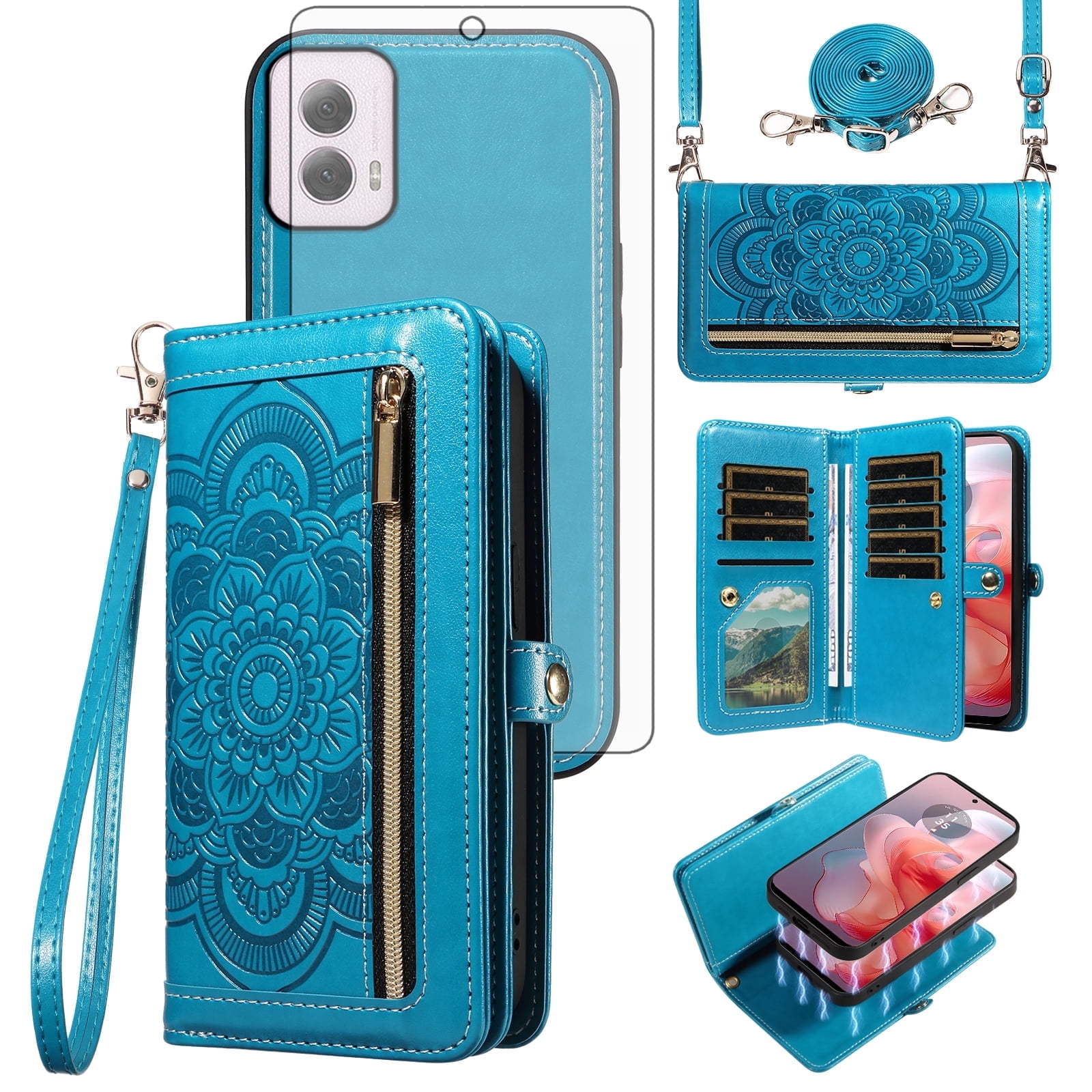 Asuwish Detachable Magnetic Zipper Wallet Phone Case with Flower Pattern and Screen Protector for Motorola Moto G Power 5G 2024, Blue