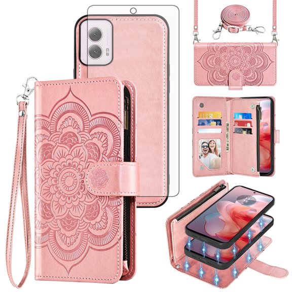 Asuwish Phone Case for Motorola Moto G Power 5G 2024 Zipper Wallet Magnetic Detachable Cell Cover with Tempered Glass Screen Protector Crossbody Strap Flower Card Holder Slot G5 Women Girls Pink