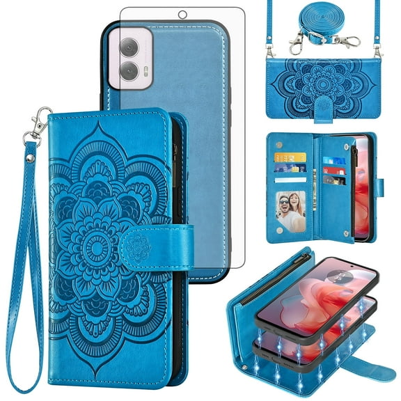 Asuwish Phone Case for Motorola Moto G Power 5G 2024 Zipper Wallet Magnetic Detachable Cell Cover with Tempered Glass Screen Protector Crossbody Strap Flower Card Holder Slot G5 Women Girls Blue