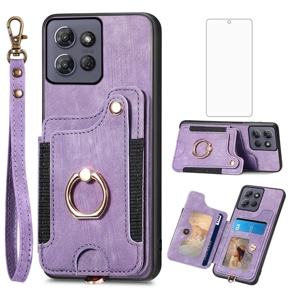 Asuwish Phone Case for Motorola Moto G Power 5G 2025 Wallet Cell Cover with Tempered Glass Screen Protector Slim Lanyard Wrist Strap RFID Ring Stand Credit Card Holder Slot XT2515-1 Women Men Purple