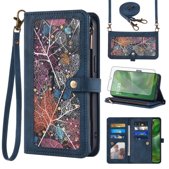 Asuwish Phone Case for Motorola Moto G Power 5G 2025 Wallet Cover With Tempered Glass Screen Protector Crossbody Wrist Strap Flip Pattern Zipper Credit Card Holder Stand Cell XT2515-1 Women Men Blue