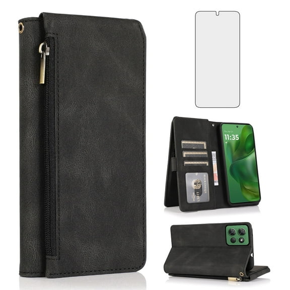 Asuwish Phone Case for Motorola Moto G Power 5G 2025 Wallet Mobile Accessories Credit Cash Cell Cover with Tempered Glass Screen Protector Flip Zipper Stand Card Holder Slot XT2515-1 Women Men Black