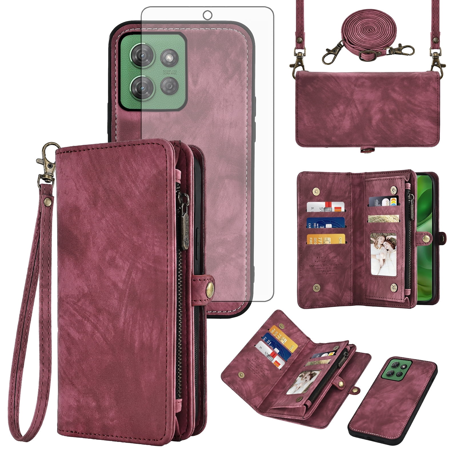 Asuwish Phone Case for Motorola Moto G Power 5G 2025 Zipper Wallet Detachable Cell Cover with Tempered Glass Screen Protector Crossbody Lanyard Strap Flip Card Holder Slot XT2515-1 Women Girls Red