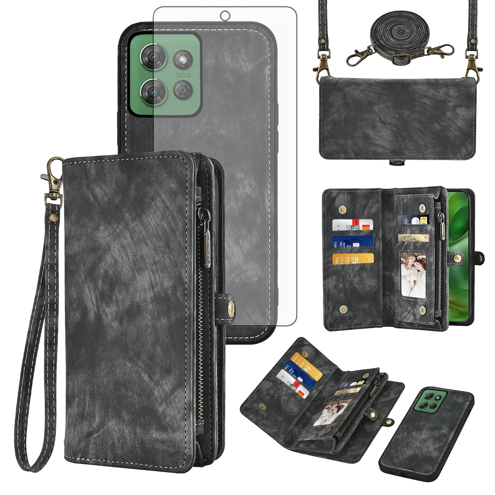 Asuwish Phone Case for Motorola Moto G Power 5G 2025 Zipper Wallet Detachable Cell Cover with Tempered Glass Screen Protector Crossbody Lanyard Strap Flip Card Holder Slot XT2515-1 Women Girls Black