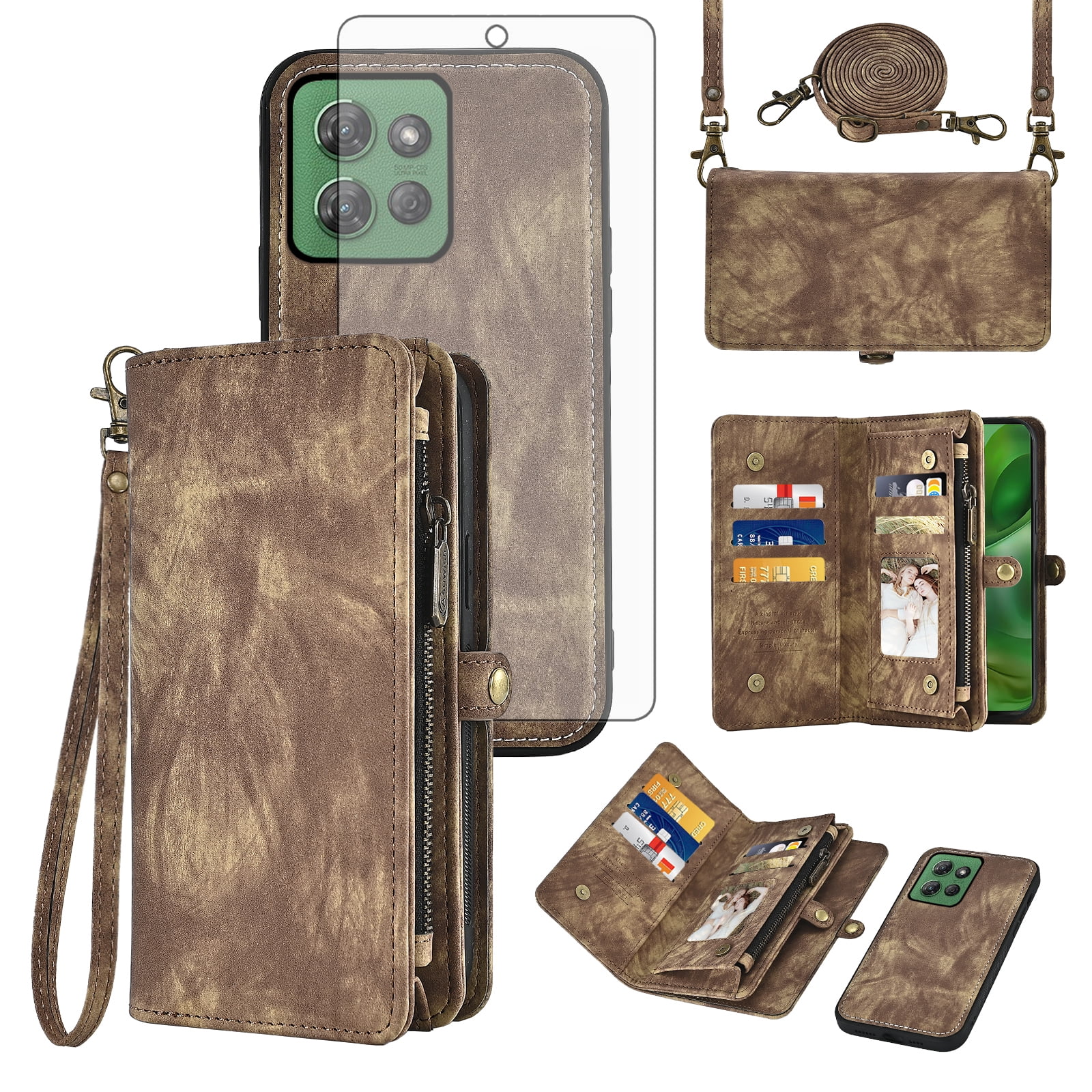 Asuwish Phone Case for Motorola Moto G Power 5G 2025 Zipper Wallet Detachable Cell Cover with Tempered Glass Screen Protector Crossbody Lanyard Strap Flip Card Holder Slot XT2515-1 Women Girls Brown