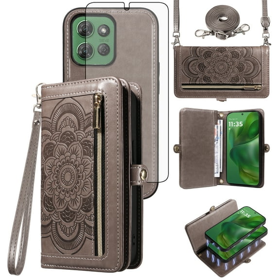 Asuwish Phone Case for Motorola Moto G Power 5G 2025 Zipper Wallet Detachable Cell Cover with Tempered Glass Screen Protector Crossbody Lanyard Strap Flower Flip Card Holder XT2515-1 Women Girls Gray