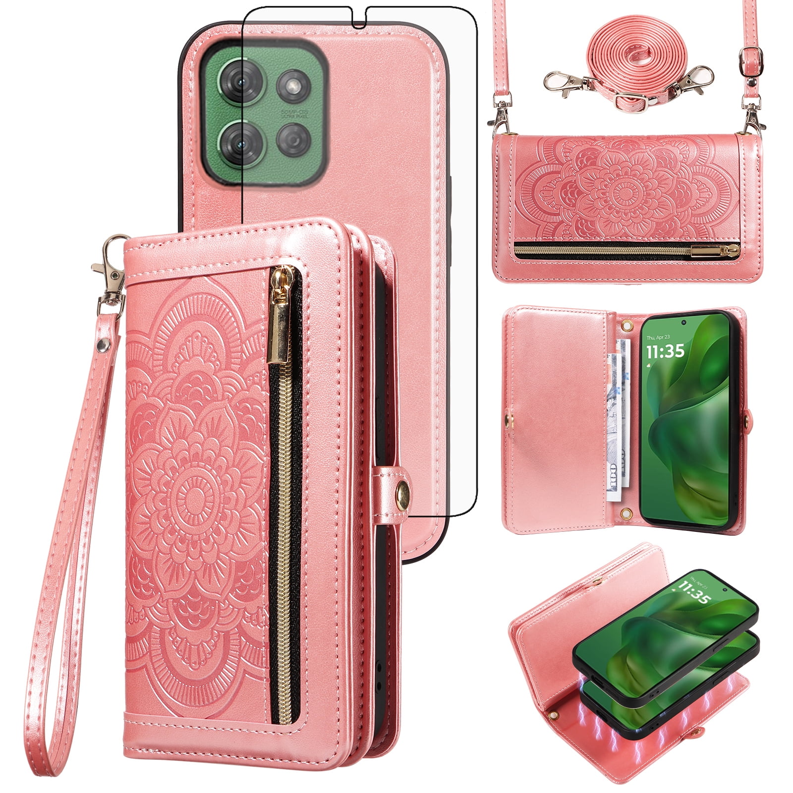 Asuwish Phone Case for Motorola Moto G Power 5G 2025 Zipper Wallet Detachable Cell Cover with Tempered Glass Screen Protector Crossbody Lanyard Strap Flower Flip Card Holder XT2515-1 Women Rose Gold