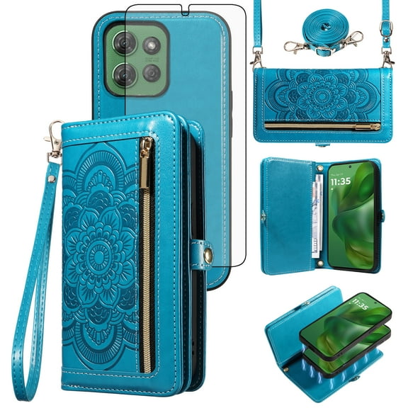Asuwish Phone Case for Motorola Moto G Power 5G 2025 Zipper Wallet Detachable Cell Cover with Tempered Glass Screen Protector Crossbody Lanyard Strap Flower Flip Card Holder XT2515-1 Women Girls Blue