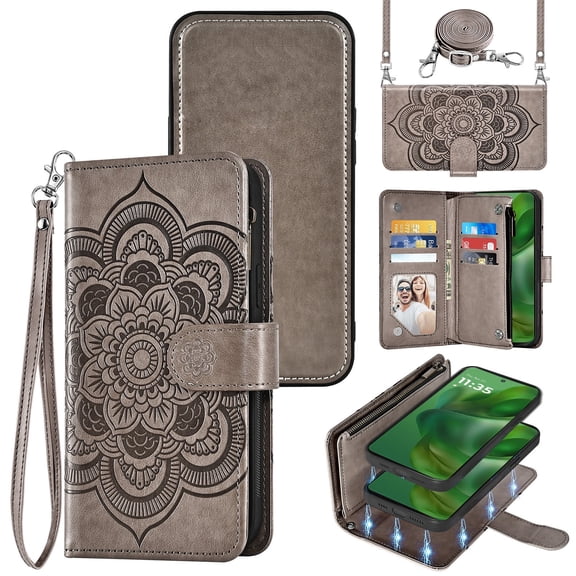 Asuwish Phone Case for Motorola Moto G Power 5G 2025 Zipper Wallet Magnetic Detachable Cell Cover with Tempered Glass Screen Protector Crossbody Strap Flower Card Holder Slot XT2515-1 Women Grey