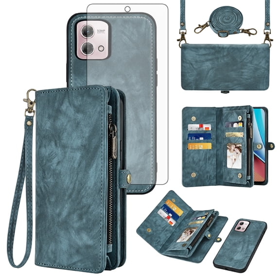 Asuwish Phone Case for Motorola Moto G Stylus 4G 2023 Zipper Wallet Detachable Cell Cover with Tempered Glass Screen Protector Crossbody Strap Flip Card Holder GStylus XT2317-1 XT2317-2 Women Blue