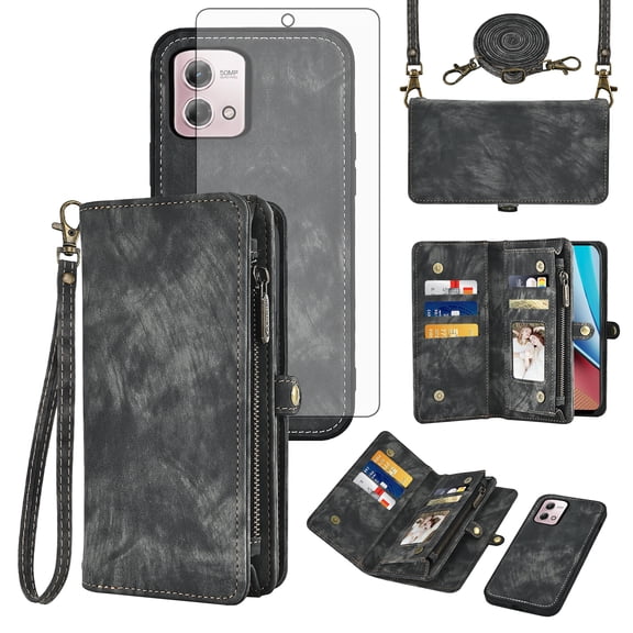 Asuwish Phone Case for Motorola Moto G Stylus 4G 2023 Zipper Wallet Detachable Cell Cover with Tempered Glass Screen Protector Crossbody Strap Flip Card Holder GStylus XT2317-1 XT2317-2 Women Black