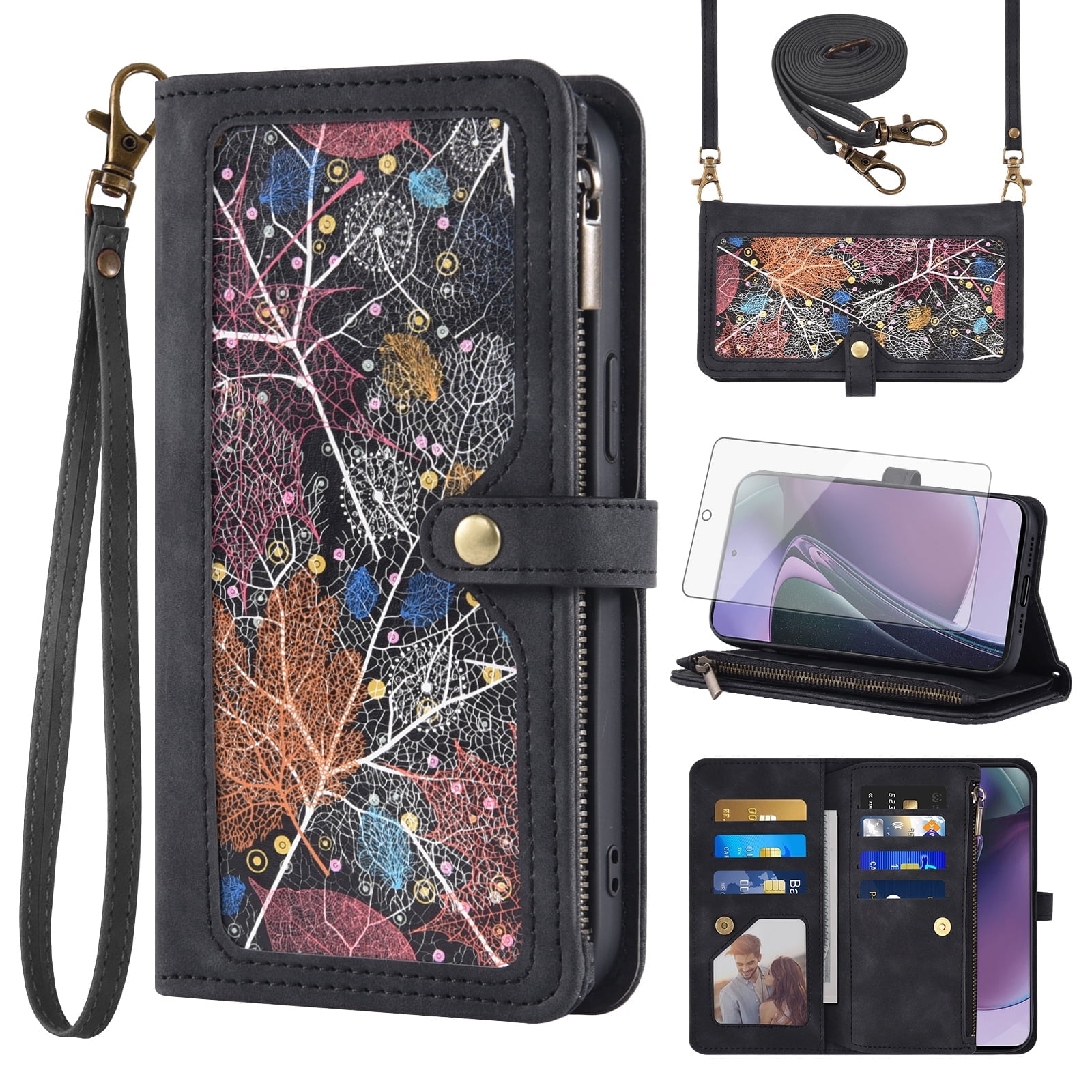 Asuwish Phone Case for Motorola Moto G Stylus 5G 2023 Wallet Cover With Tempered Glass Screen Protector Crossbody Wrist Strap Flip Pattern Zipper Card Holder Cell GStylus G5 XT2317DL XT2315-5 Black