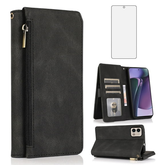 Asuwish Phone Case for Motorola Moto G Stylus 5G 2023 Wallet Mobile Cell Cover with Tempered Glass Screen Protector Flip Zipper Stand Card Holder Slot GStylus G5 XT2317DL XT2315-5 Women Men Black