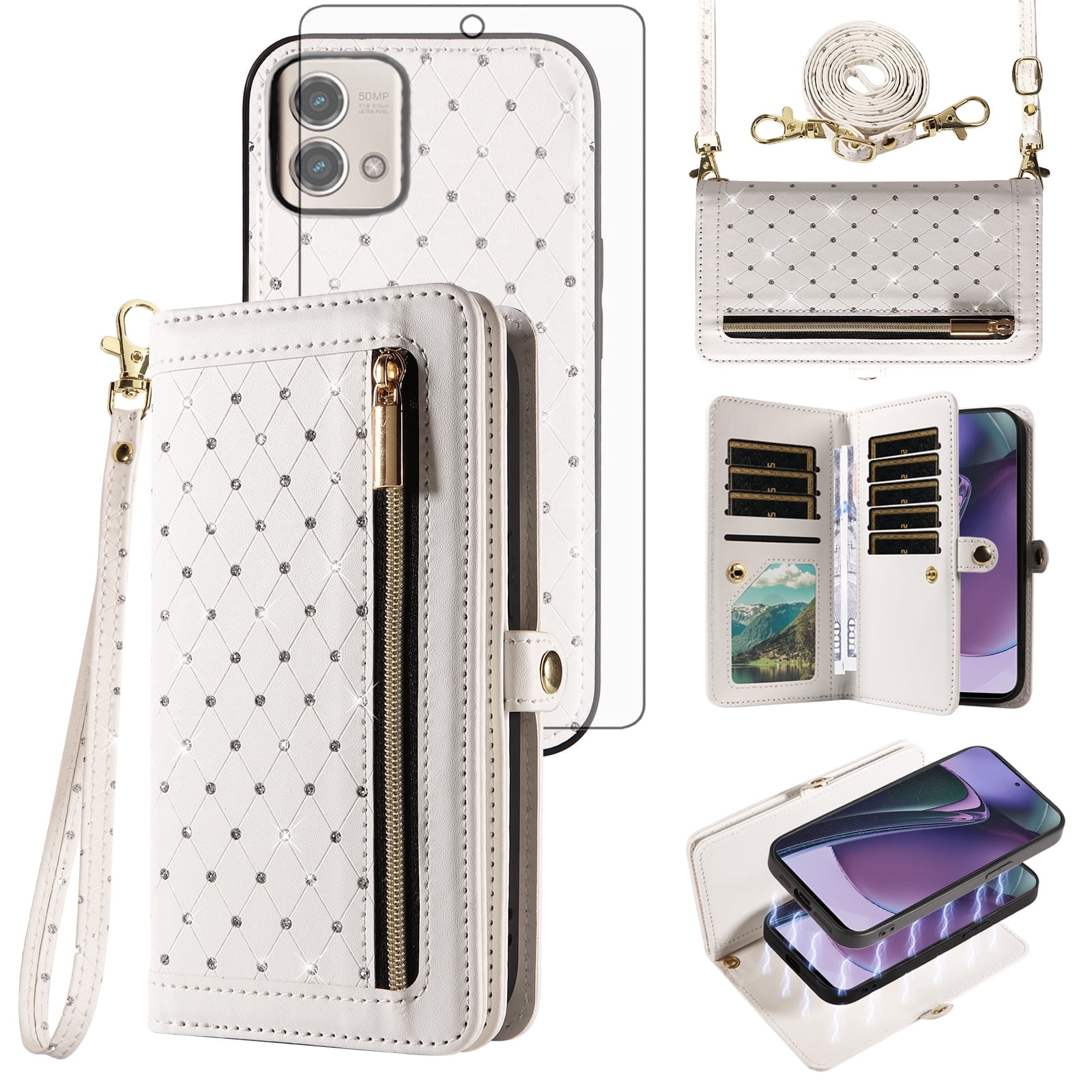 Asuwish Phone Case for Motorola Moto G Stylus 5G 2023 Zipper Wallet Detachable Cell Cover with Tempered Glass Screen Protector Crossbody Lanyard Strap Bling Glitter Flip Card Holder Slot Women White
