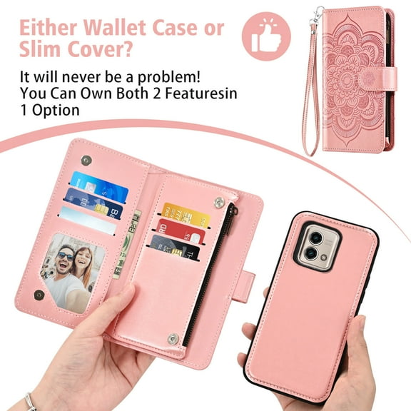 Asuwish Phone Case for Motorola Moto G Stylus 5G 2023 Zipper Wallet Magnetic Detachable Cell Cover with Tempered Glass Screen Protector Crossbody Strap Flower Card Holder Slot GStylus G5 Women Pink