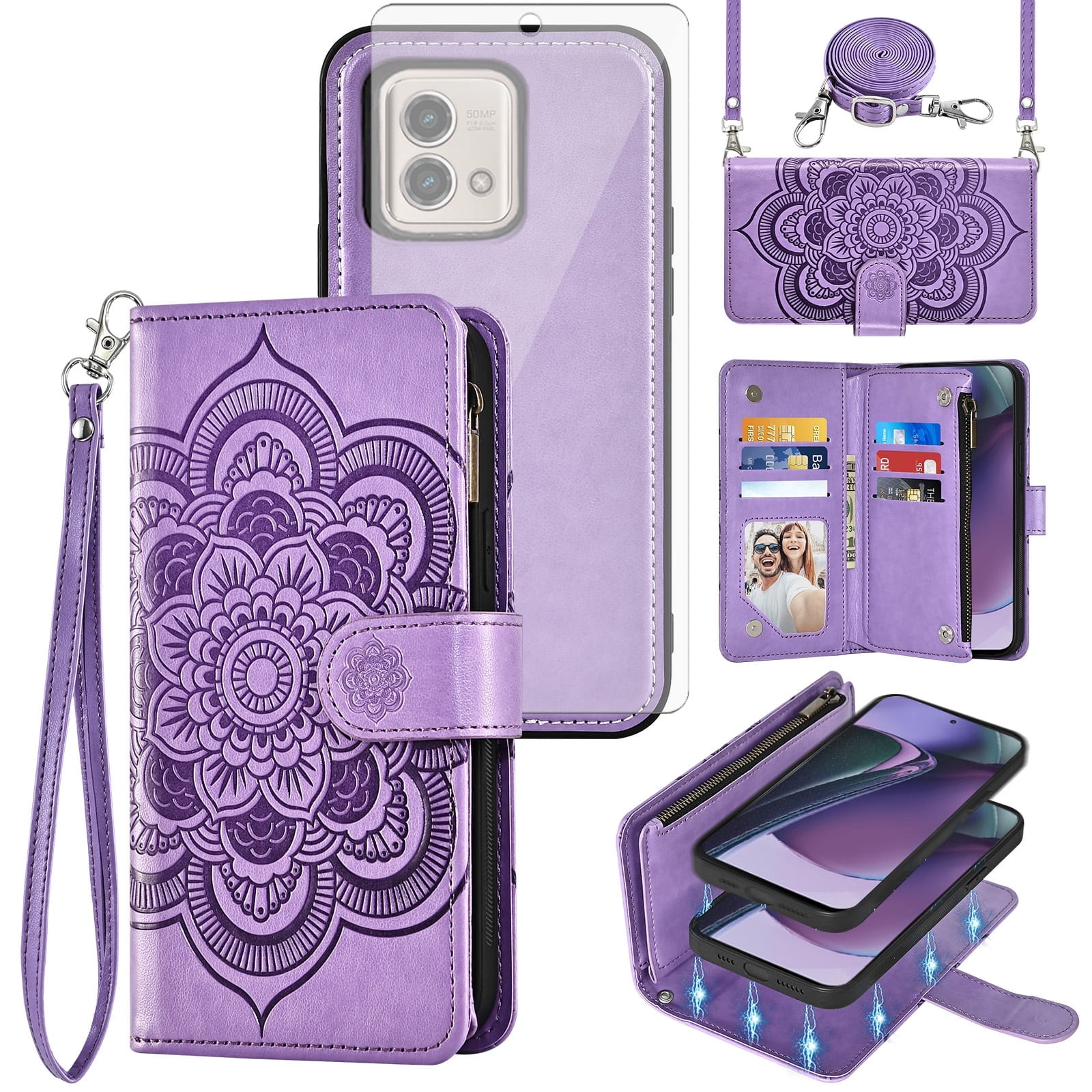 Asuwish Phone Case for Motorola Moto G Stylus 5G 2023 Zipper Wallet Magnetic Detachable Cell Cover with Tempered Glass Screen Protector Crossbody Strap Flower Card Holder Slot GStylus G5 Women Purple