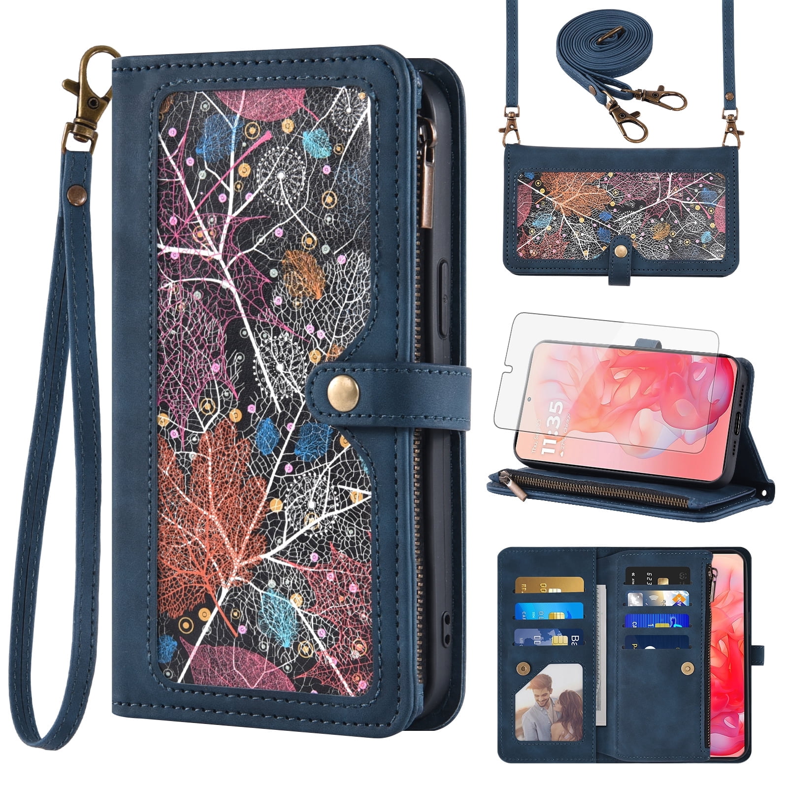 Asuwish Phone Case for Motorola Moto G Stylus 5G 2024 Wallet Cover With Tempered Glass Screen Protector Crossbody Wrist Strap Flip Pattern Zipper Credit Card Holder Stand Slot Cell G5 Women Men Blue