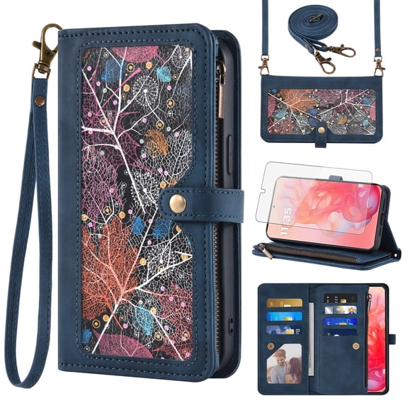 Asuwish Phone Case for Motorola Moto G Stylus 5G 2024 Wallet Cover With Tempered Glass Screen Protector Crossbody Wrist Strap Flip Pattern Zipper Credit Card Holder Stand Slot Cell G5 Women Men Blue