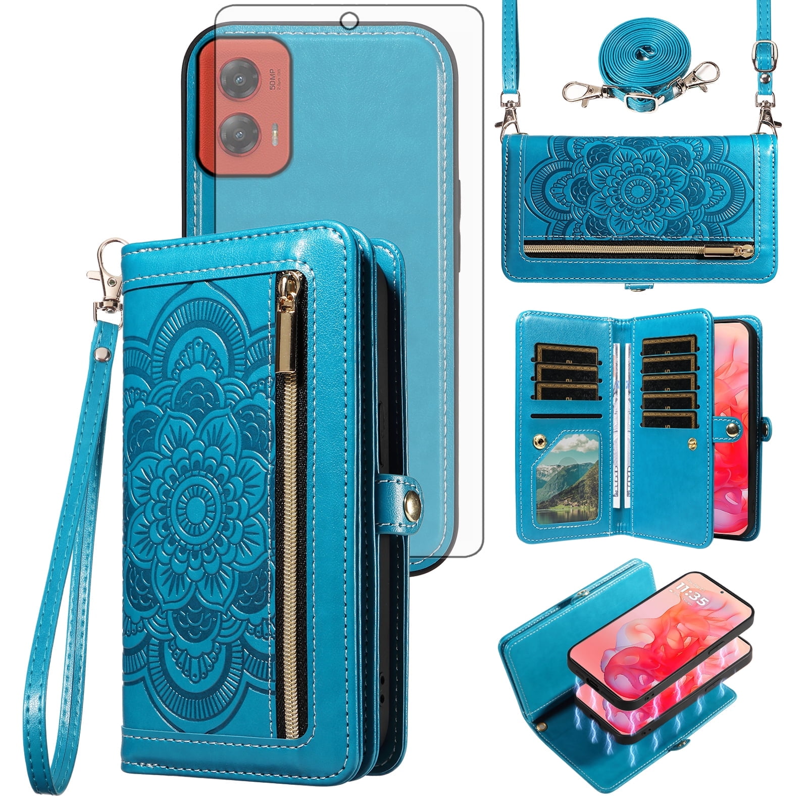Asuwish Phone Case for Motorola Moto G Stylus 5G 2024 Zipper Wallet Detachable Cell Cover with Tempered Glass Screen Protector Crossbody Lanyard Strap Flower Flip Card Holder Slot G5 Women Girls Blue