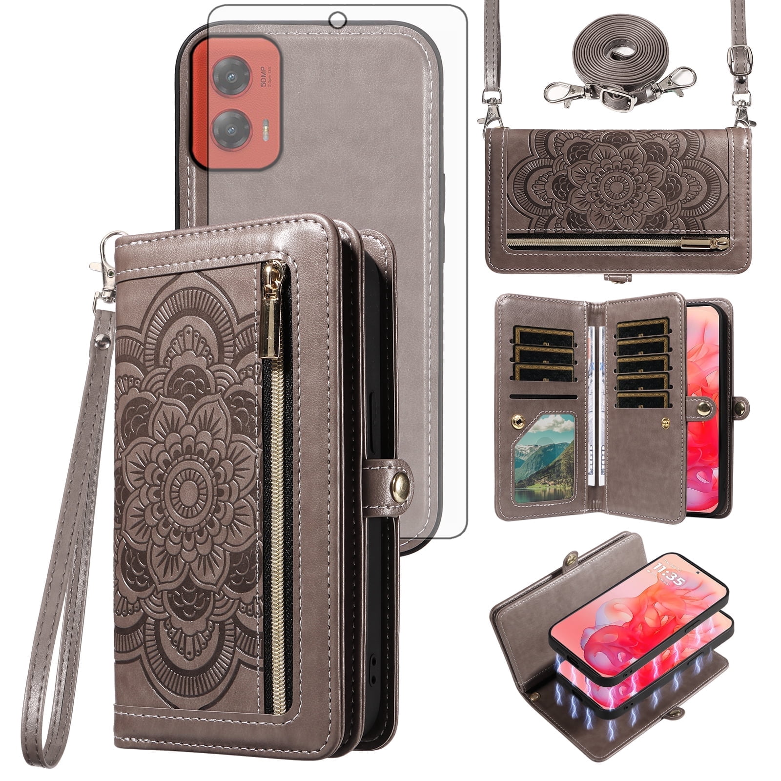 Asuwish Detachable Magnetic Zipper Wallet Phone Case with Flower Pattern and Screen Protector for Motorola Moto G Stylus 5G 2024, Gray