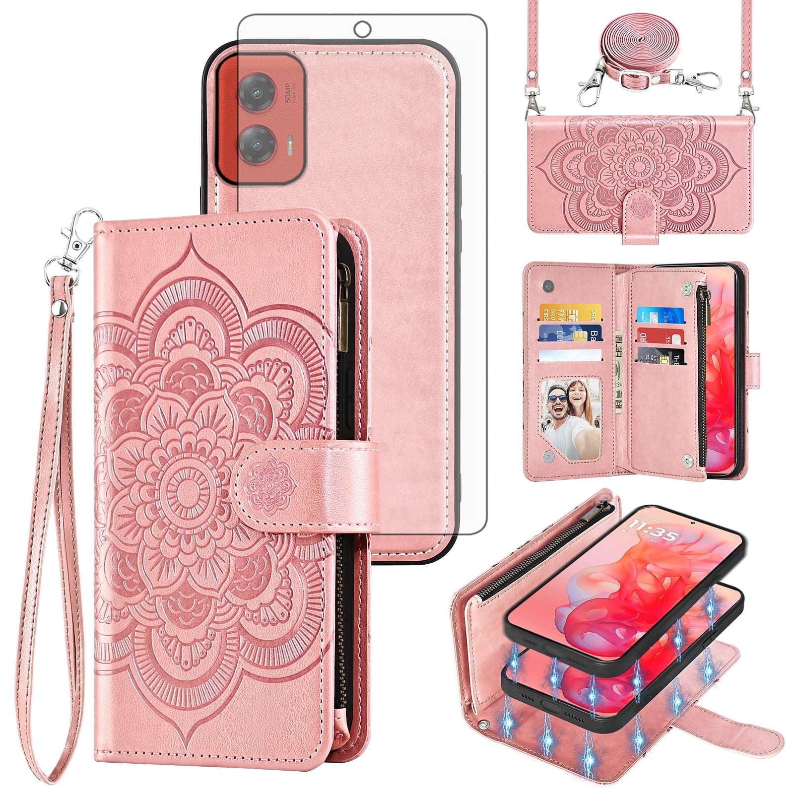 Asuwish Phone Case for Motorola Moto G Stylus 5G 2024 Zipper Wallet Magnetic Detachable Cell Cover with Tempered Glass Screen Protector Crossbody Strap Flower Card Holder Slot G5 Women Girls Pink