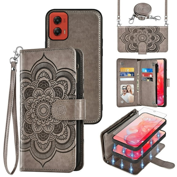 Asuwish Phone Case for Motorola Moto G Stylus 5G 2024 Zipper Wallet Magnetic Detachable Cell Cover with Tempered Glass Screen Protector Crossbody Strap Flower Card Holder Slot G5 Women Girls Grey