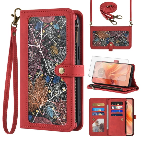 Asuwish Phone Case for Motorola Moto G04/G04s/G24/E14 4G Wallet Cover With Tempered Glass Screen Protector Crossbody Wrist Strap Flip Pattern Zipper Credit Card Holder Cell GO4 G 04 04s 24 E 14 Red