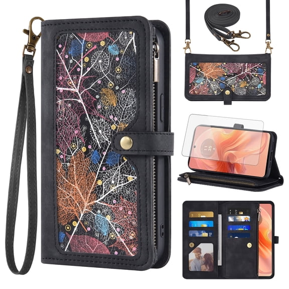 Asuwish Phone Case for Motorola Moto G04/G04s/G24/E14 4G Wallet Cover With Tempered Glass Screen Protector Crossbody Wrist Strap Flip Pattern Zipper Credit Card Holder Cell GO4 G 04 04s 24 E 14 Black