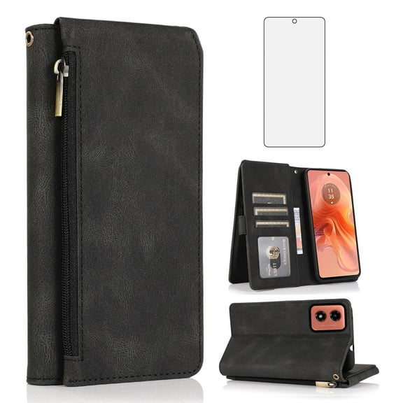 Asuwish Phone Case for Motorola Moto G04/G04s/G24/E14 4G Wallet Mobile Credit Cell Cover with Tempered Glass Screen Protector Flip Zipper Stand Card Holder Slot GO4 G 04 04s 24 E 14 Women Men Black